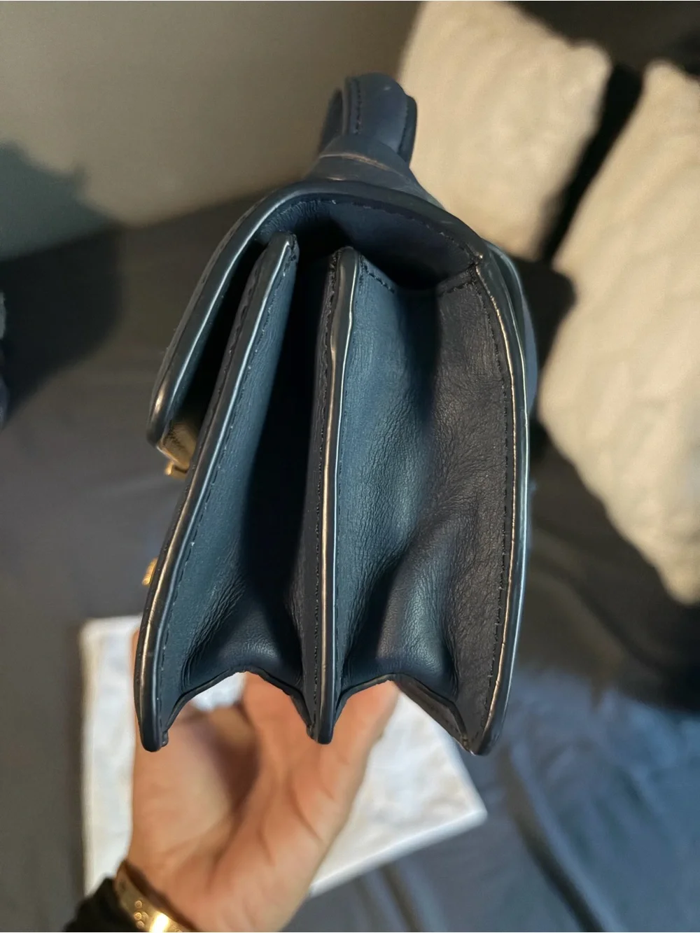 MCM Navy and Cream Studded Top-Handle Satchel with Gold Hardware